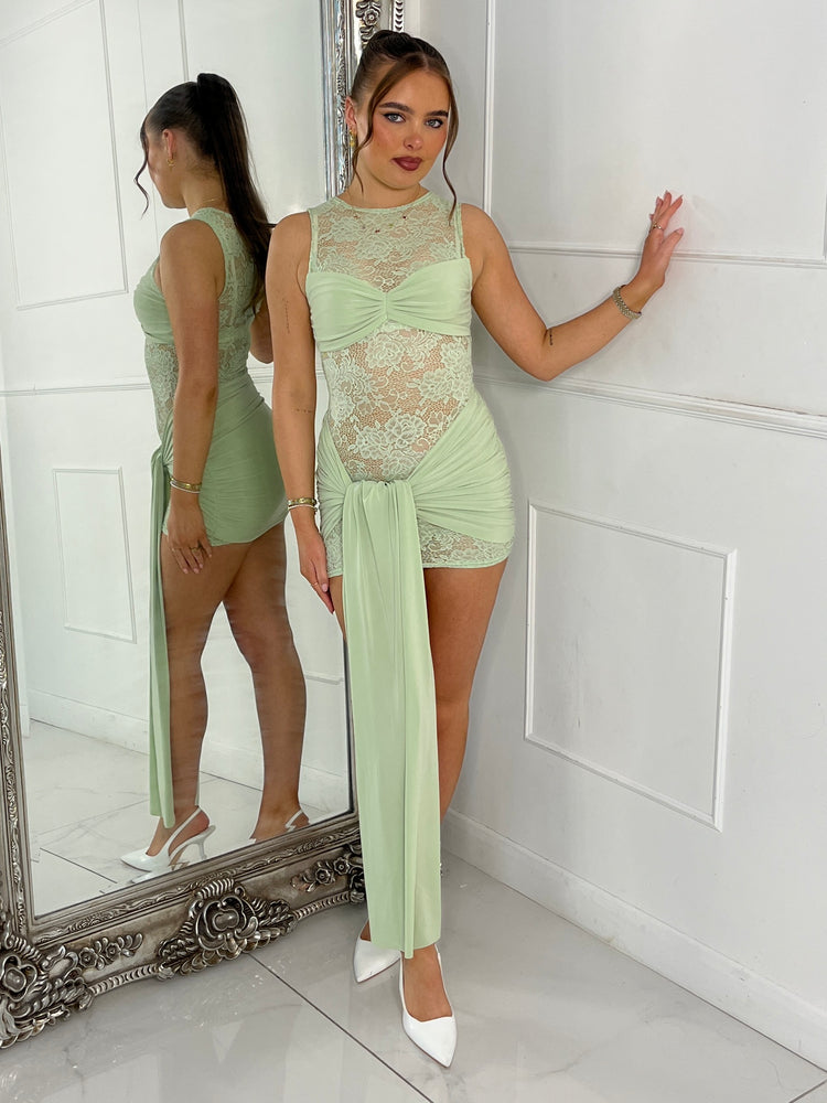 Sleeveless Lace Underlayer Detail Drape Dress - Sage Green