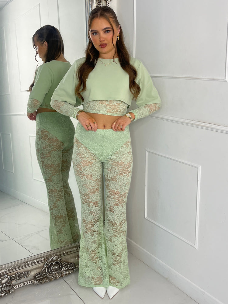 Round Neck Lace Underlayer Long Sleeved Cropped Top & Built In Knicker Underlayer Lace Flares Co-Ord - Sage Green