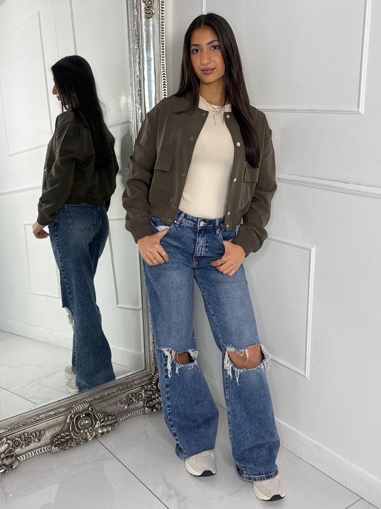 Cropped Pocket Detail Bomber Jacket - Khaki