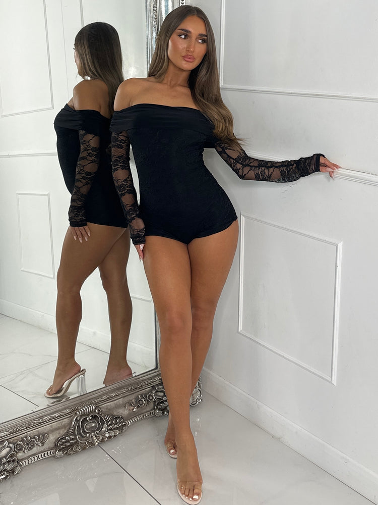 Bandeau Lace Long Sleeve Playsuit - Black