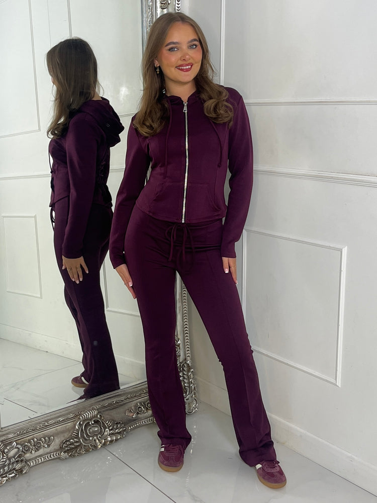 Tie Up Corset Detail Back Hoodie & Seam Detail Flared Pants - Wine