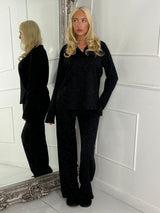 Lurex Glitter Oversized Shirt & Wide Leg Pants Co-Ord - Black
