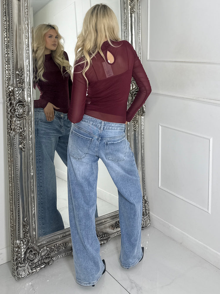 Mesh Long Sleeve Bodysuit With Under-layer Vest Top - Wine