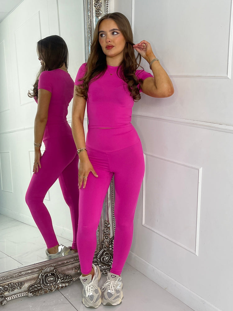 Round Neck Short Sleeve Second Skin Top & Sculpt Panel Leggings - Hot Pink
