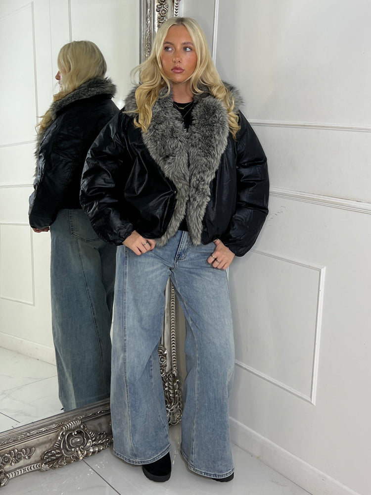 PU Faux Fur Collared Bomber Jacket - Black