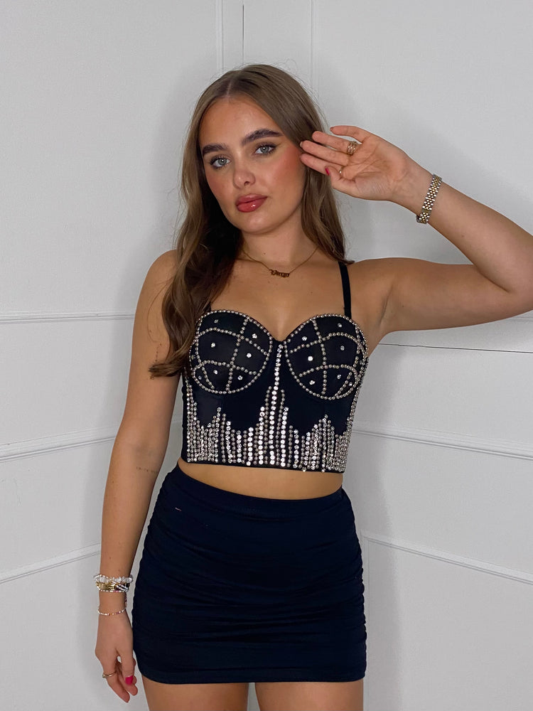 Embellished Padded Cup Crop Corset - Black Style 3