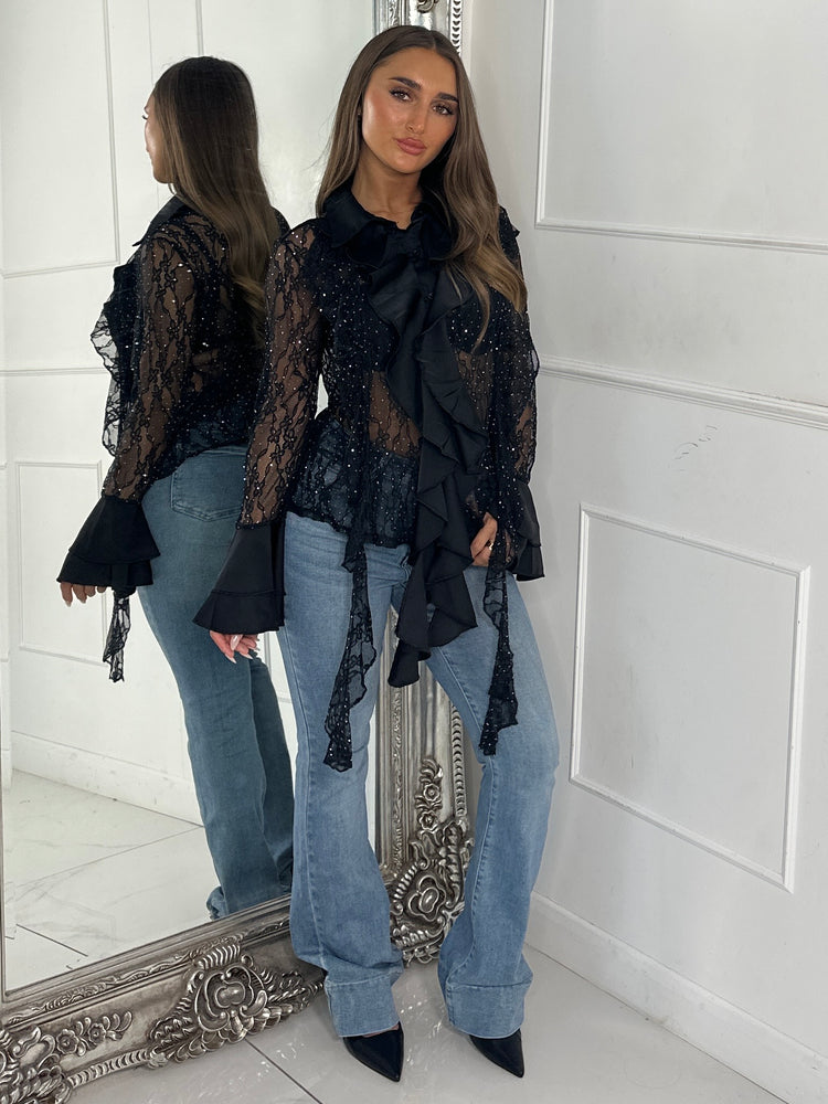 Lace Sheer Diamante Ruffle Shirt - Black