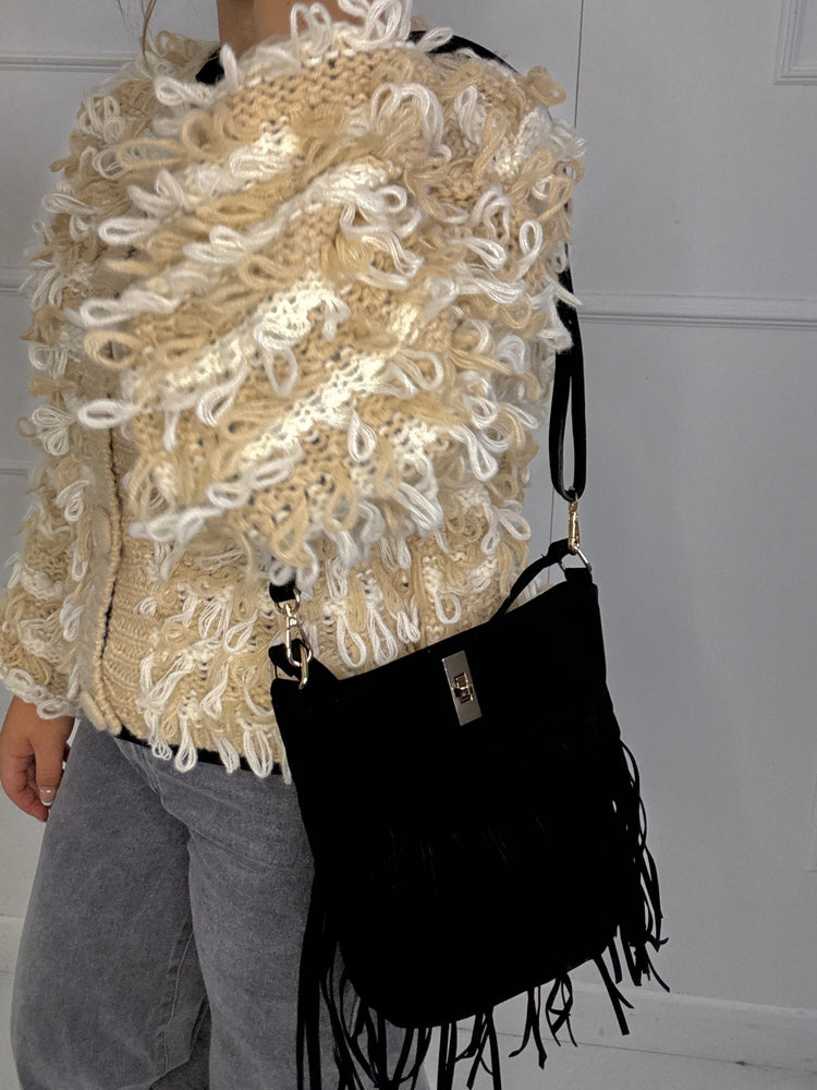 Small Suede Full Tassel Gold Lock Detail Shoulder Bag - Black