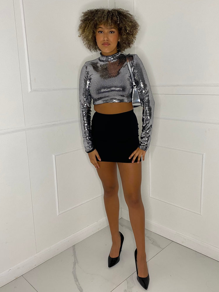 Square Sequin Long Sleeve Top - Silver