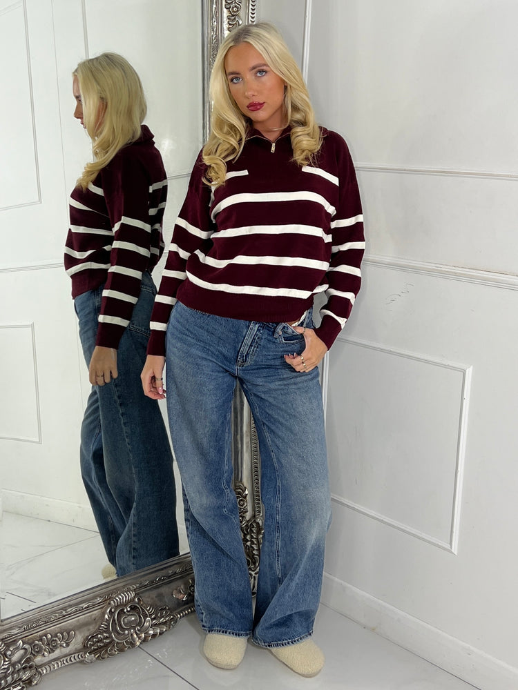 1/4 Zip Striped Jumper - Wine / Cream