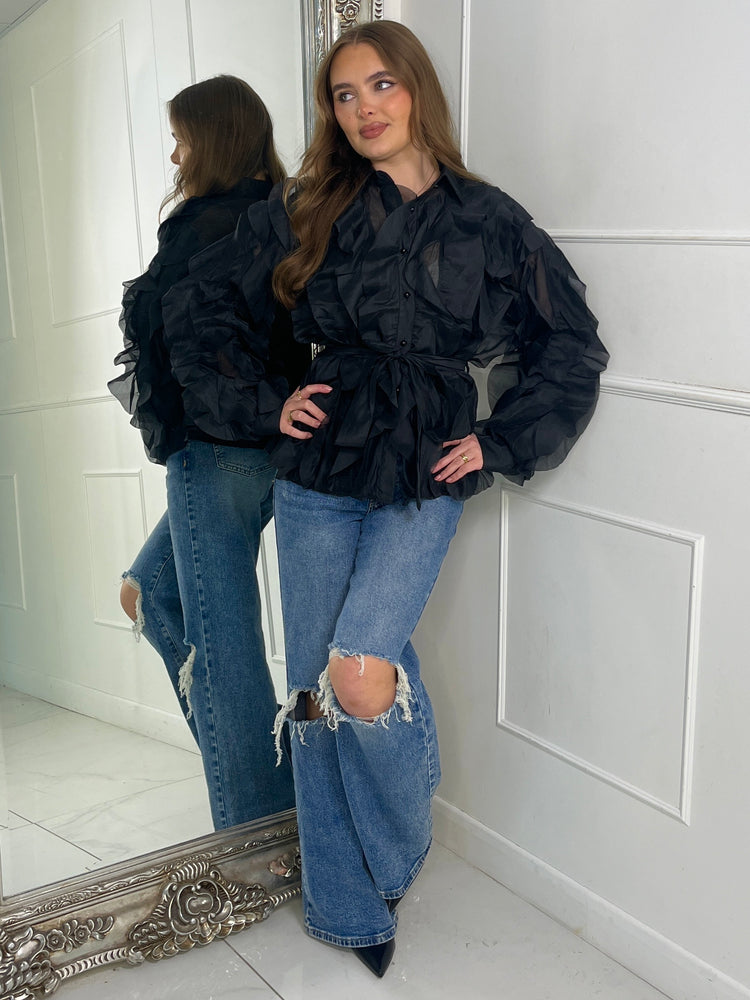 Belted Ruffle Detail Mesh Shirt - Black