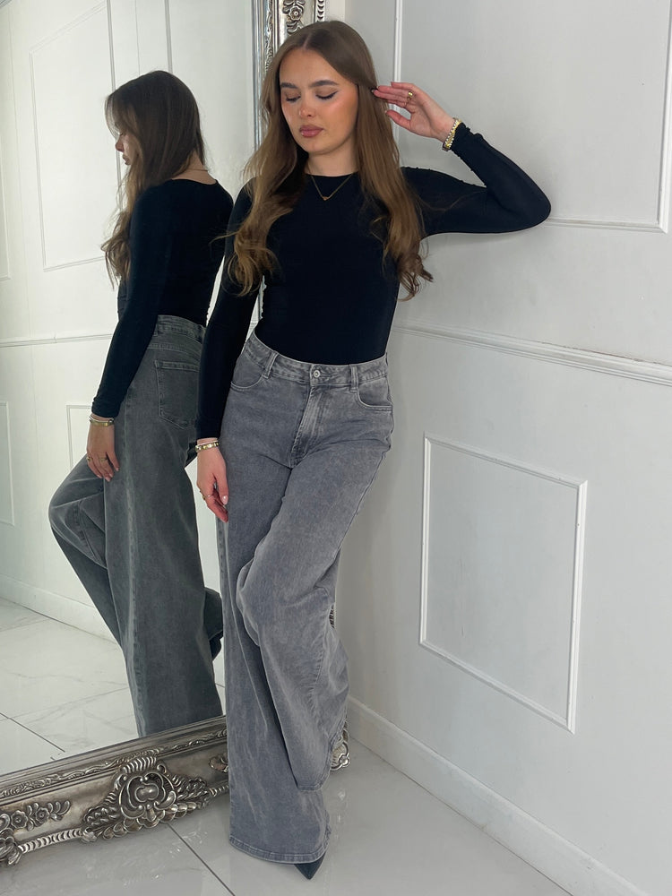 Round Neck Long Sleeve Bodysuit - Black