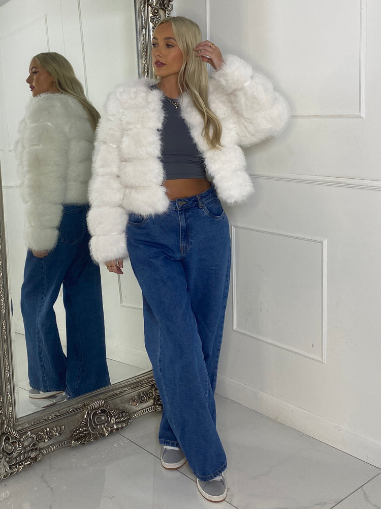 Tiered Faux Fur Round Neck Jacket - White