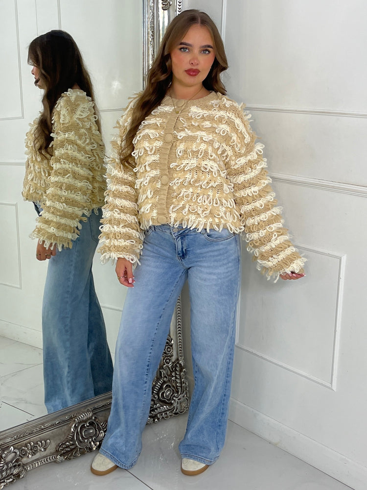 Soft Fluffy Loop Detail Cardigan - Beige/Cream Mixed