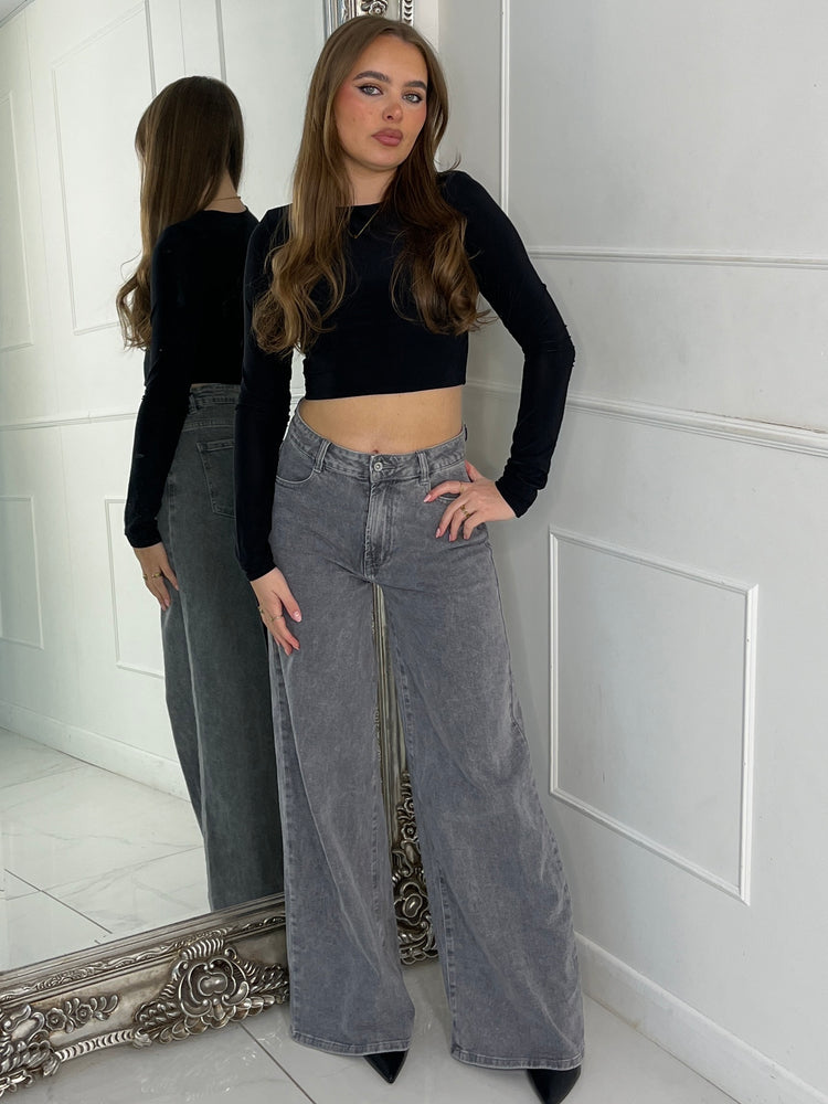 Padded Shoulder Long Sleeve Crop Top - Black