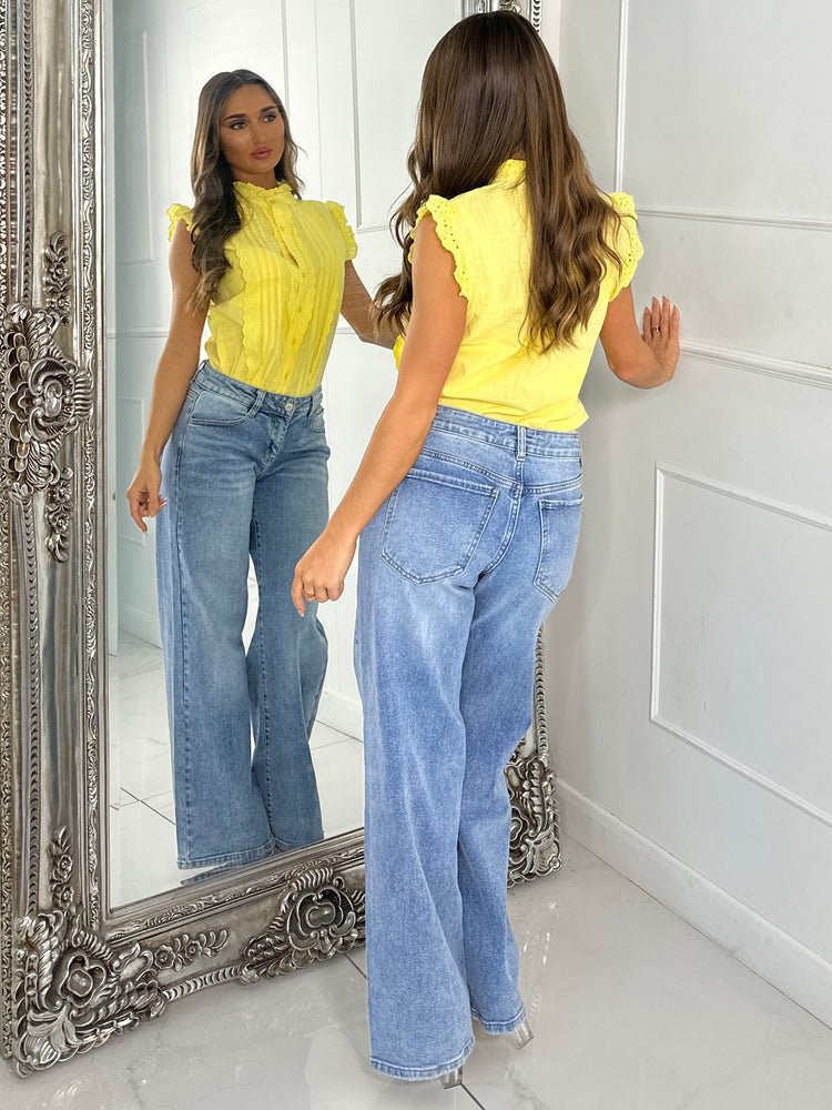 Lace frill button Up Shirt - Yellow