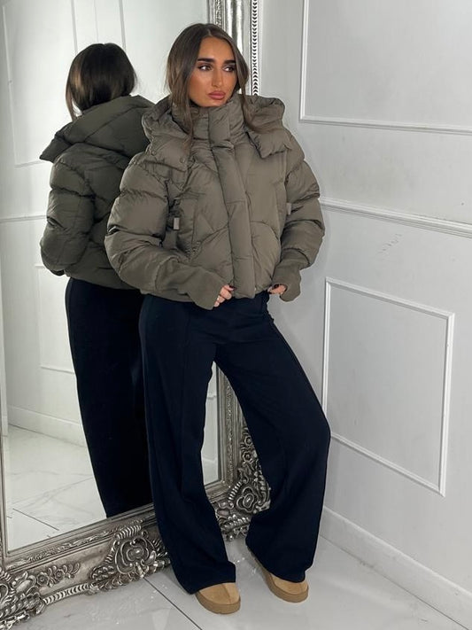 Cropped Puffer Coat With Hood- Khaki