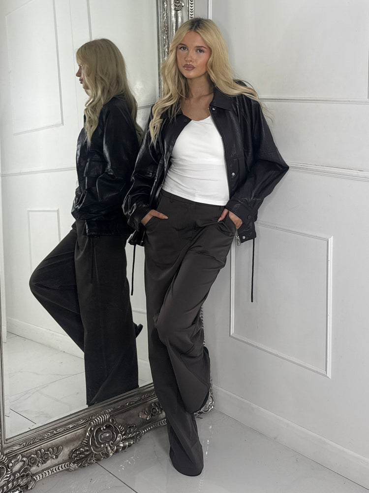 Oversized Leather PU Jacket with Drawstrings - Black