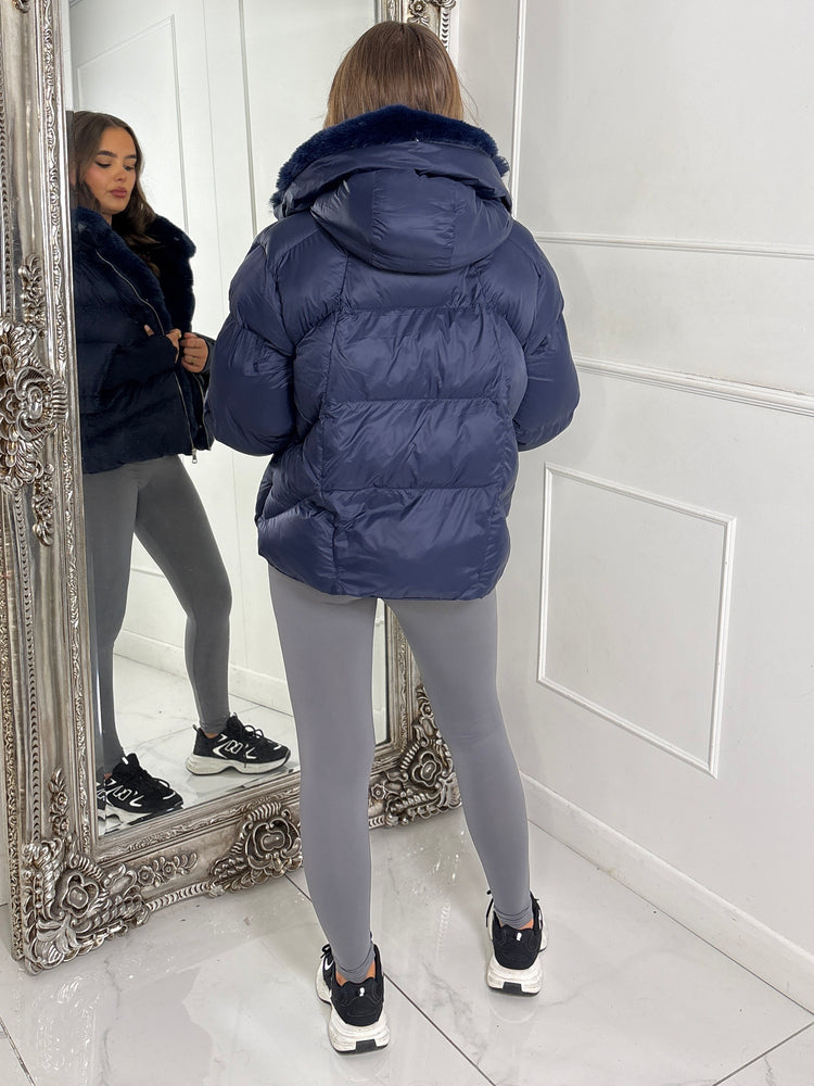 Hooded Puffer Coat With Faux Fur Trim - Navy Blue
