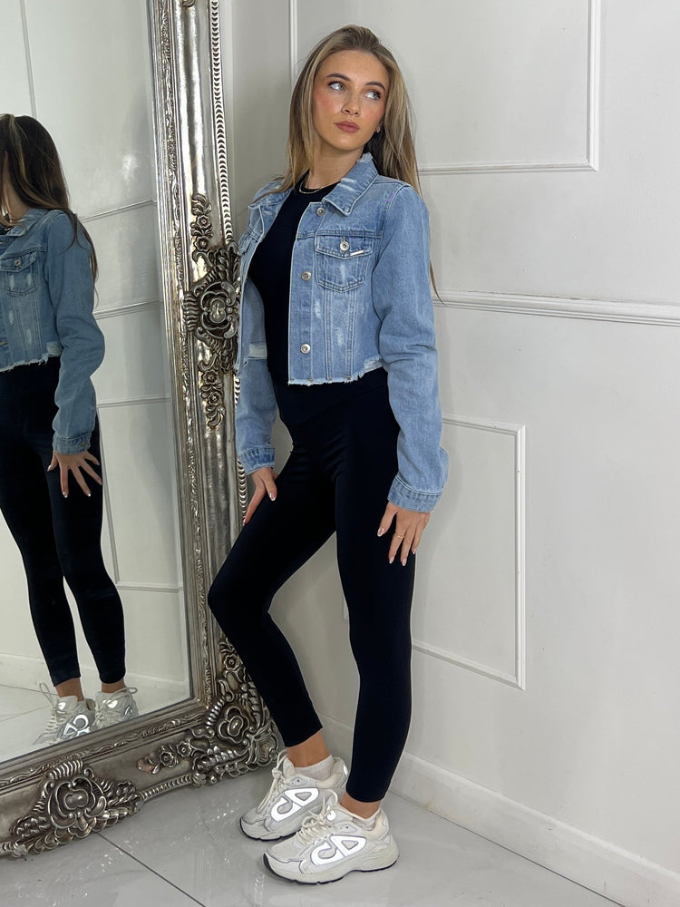 Cropped Distressed Denim Jacket - Light Blue