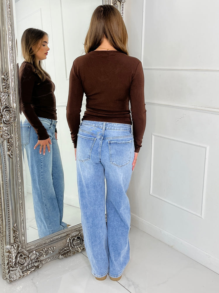 V Neck Long Sleeve Soft Touch Top - Brown