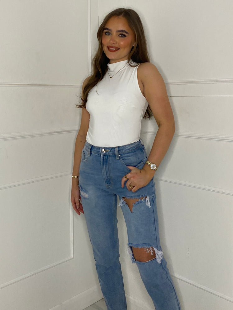 Sleeveless High Neck Bodysuit - White