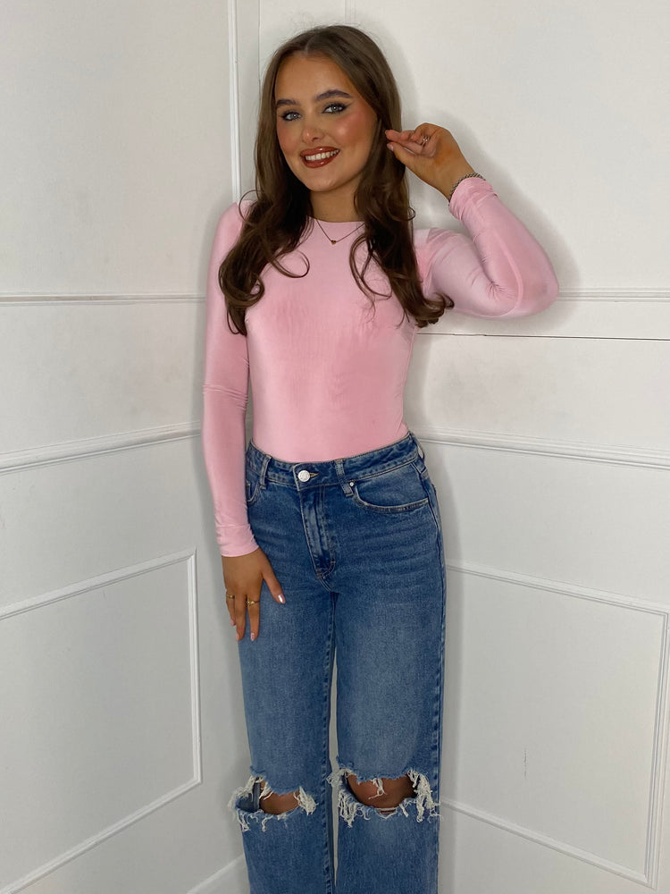 Round Neck Long Sleeve Bodysuit - Baby Pink