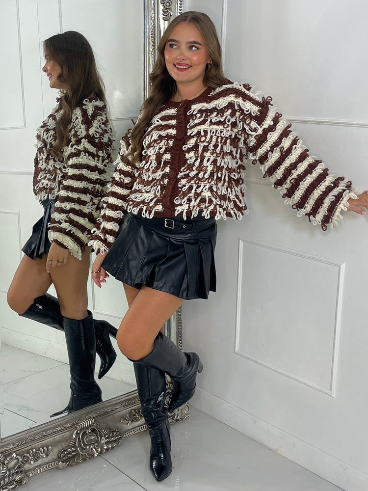 Soft Fluffy Loop Detail Cardigan - Brown/Cream Mixed