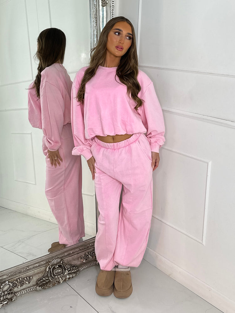 Bubble Hem Sweatshirt & Joggers Tracksuit - Acid Pink