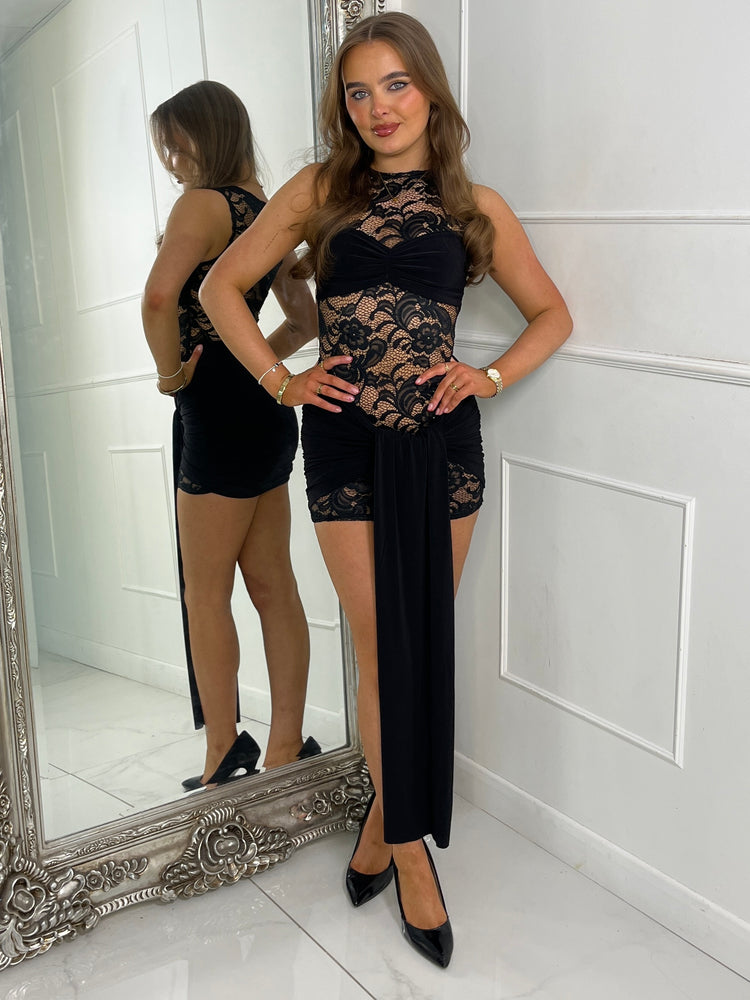 Sleeveless Lace Underlayer Detail Drape Dress - Black