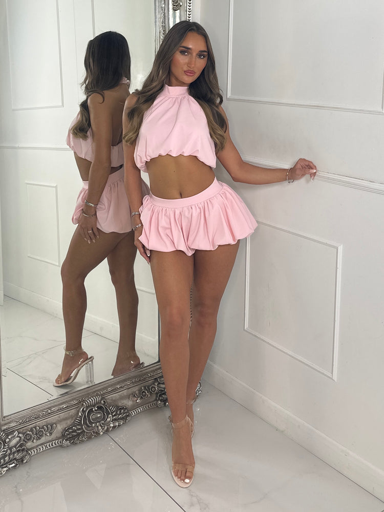 Backless High Neck Top & Band Detail Puffball Skort - Baby Pink