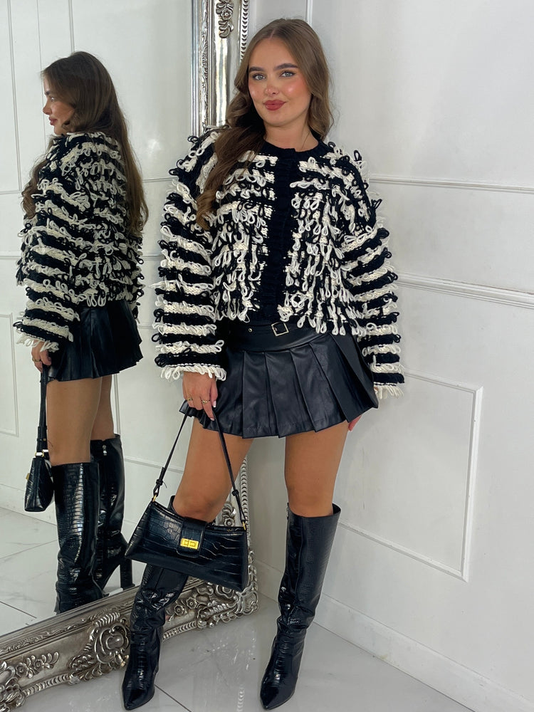 Soft Fluffy Loop Detail Cardigan - Black/Cream Mixed