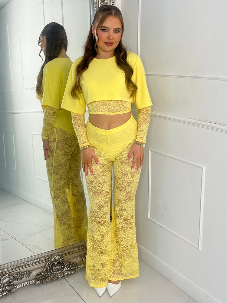 Round Neck Lace Underlayer Long Sleeved Cropped Top & Built In Knicker Underlayer Lace Flares Co-Ord - Yellow
