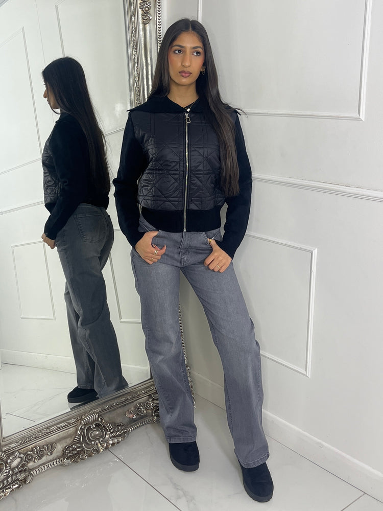 Ribbed Sleeve Padded Jacket - Black