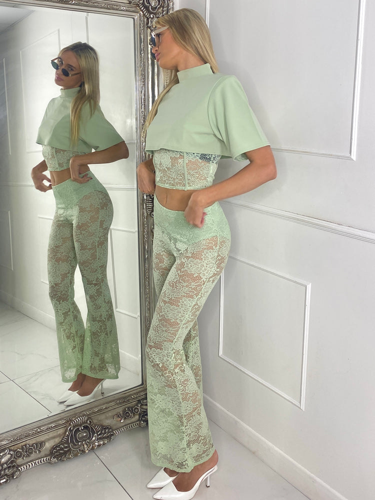 Padded Shoulder Cropped Tee With Lace Bra Underlayer & Built In Knicker Lace Flares Co-Ord - Sage Green