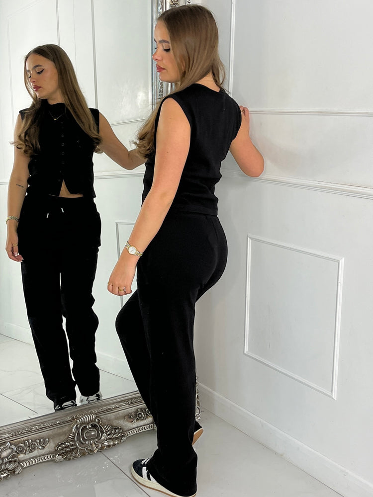 Sleeveless Ribbed Button Up Top & Flares Co-Ord - Black