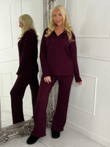 Lurex Glitter Oversized Shirt & Wide Leg Pants Co-Ord - Wine