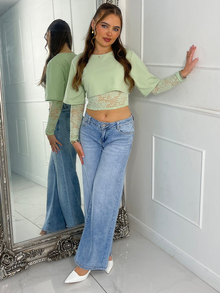Round Neck Lace Underlayer Long Sleeved Cropped Top - Sage Green