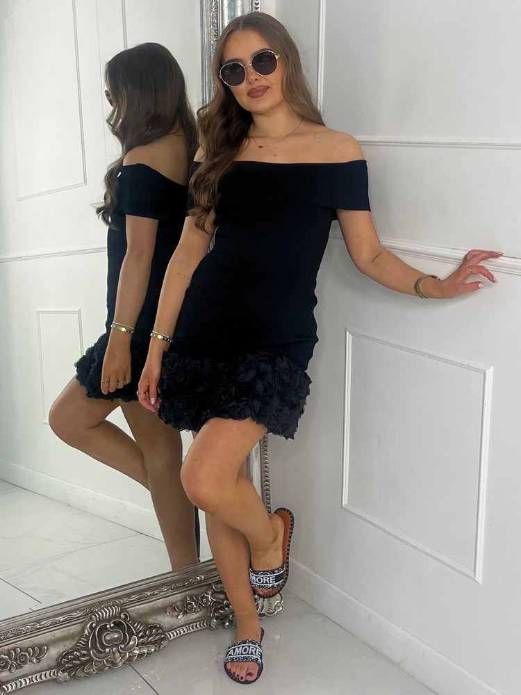 Mesh Ruffle Bottom Off Shoulder Dress - Black
