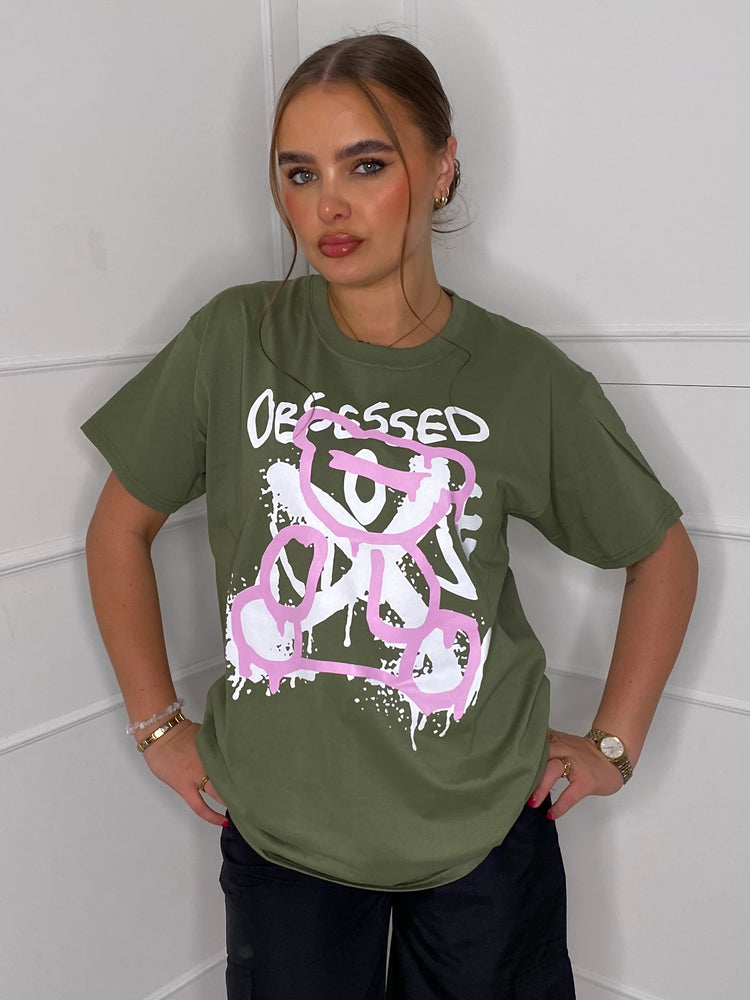 Obsessed Teddy Print T-shirt- Khaki Green