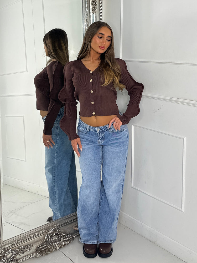 Wavy Arm Gold Button Cardigan - Brown