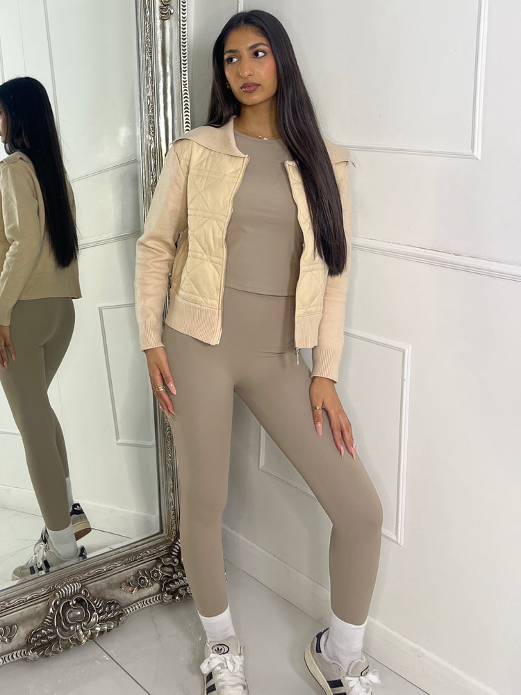 Ribbed Sleeve Padded Jacket - Beige