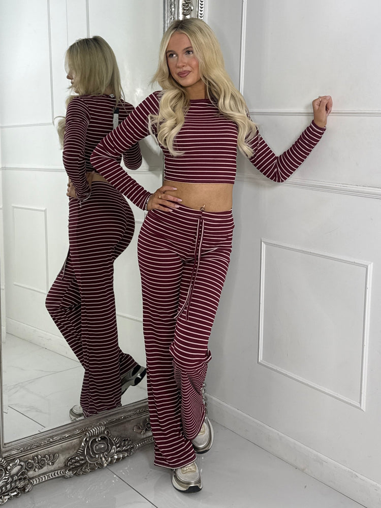 Striped Long Sleeve Top & Wide Leg Pants Co-Ord - Wine/White