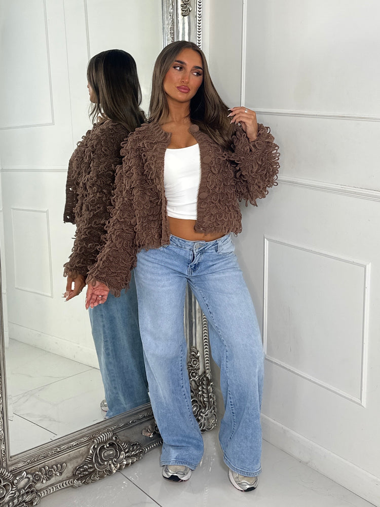 Soft Fluffy Loop Detail Cardigan - Brown