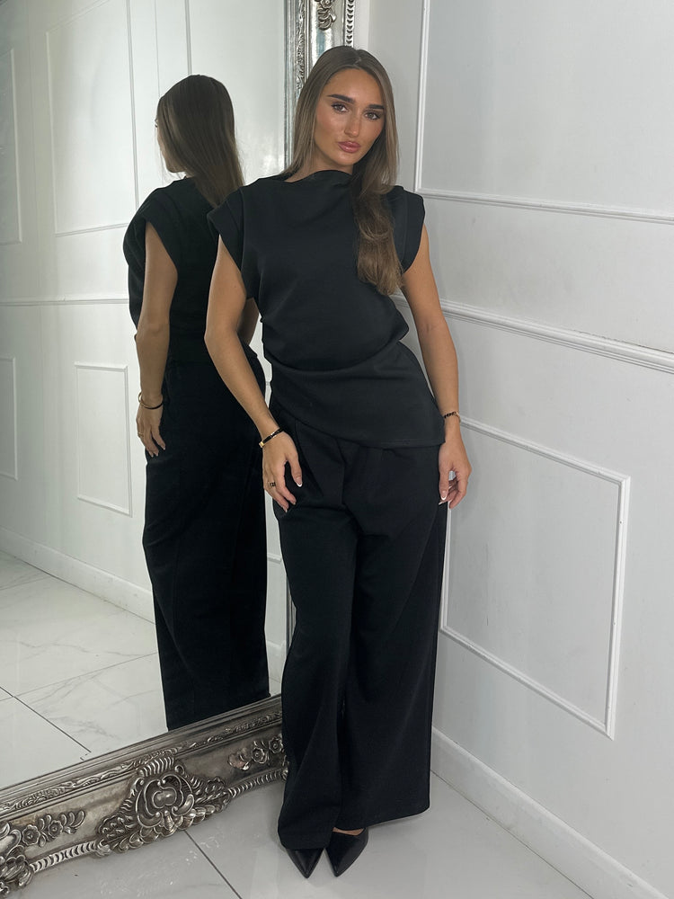 Asymmetric padded shoulder top & Flares Co Ord - Black