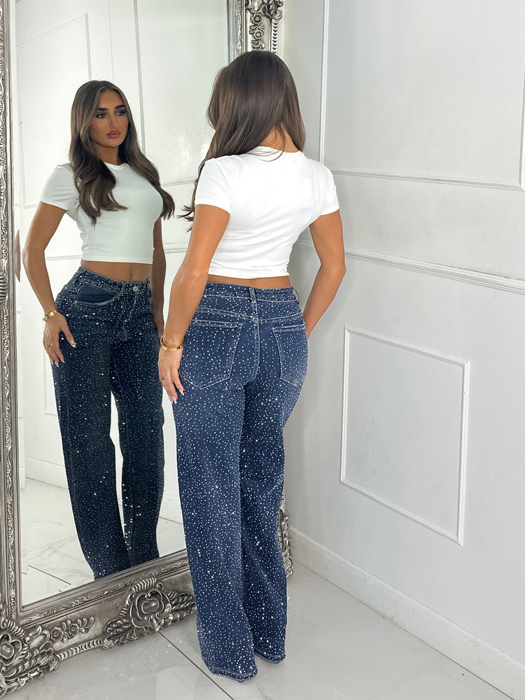 All Over Scattered Diamante Wide Leg Jeans - Dark Denim