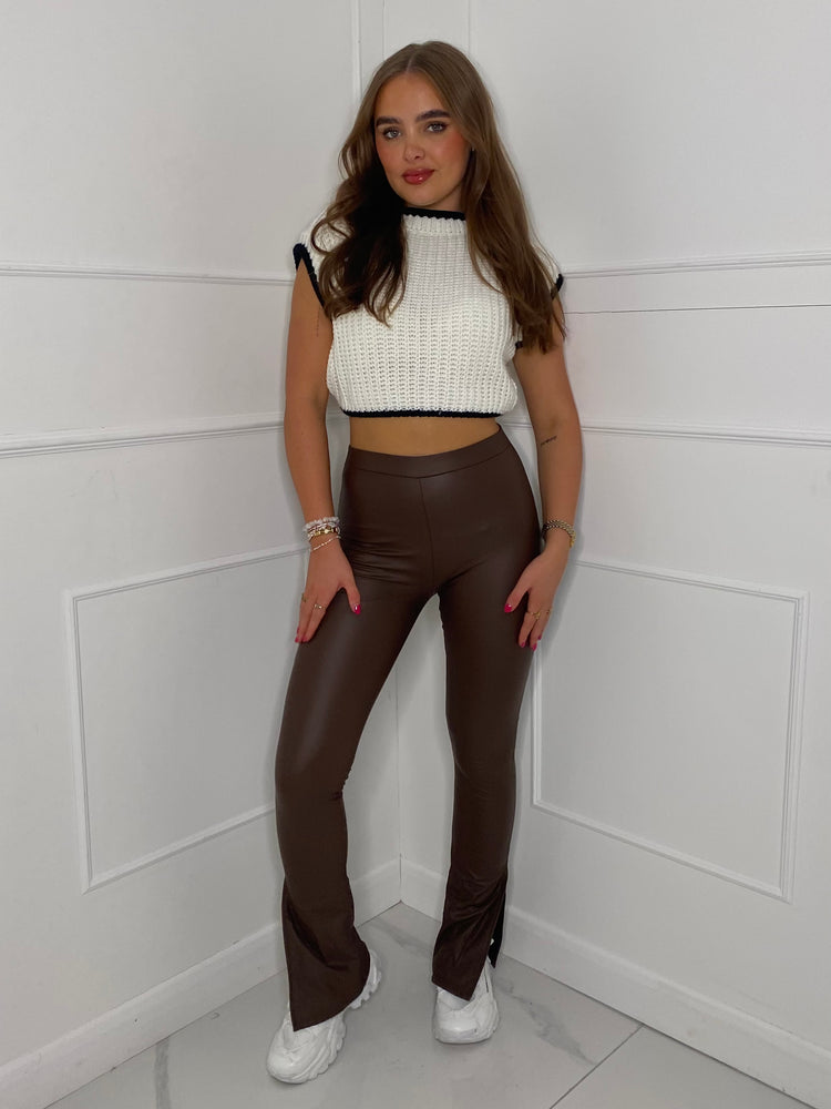 Leather Look Slit Flared Leggings - Brown