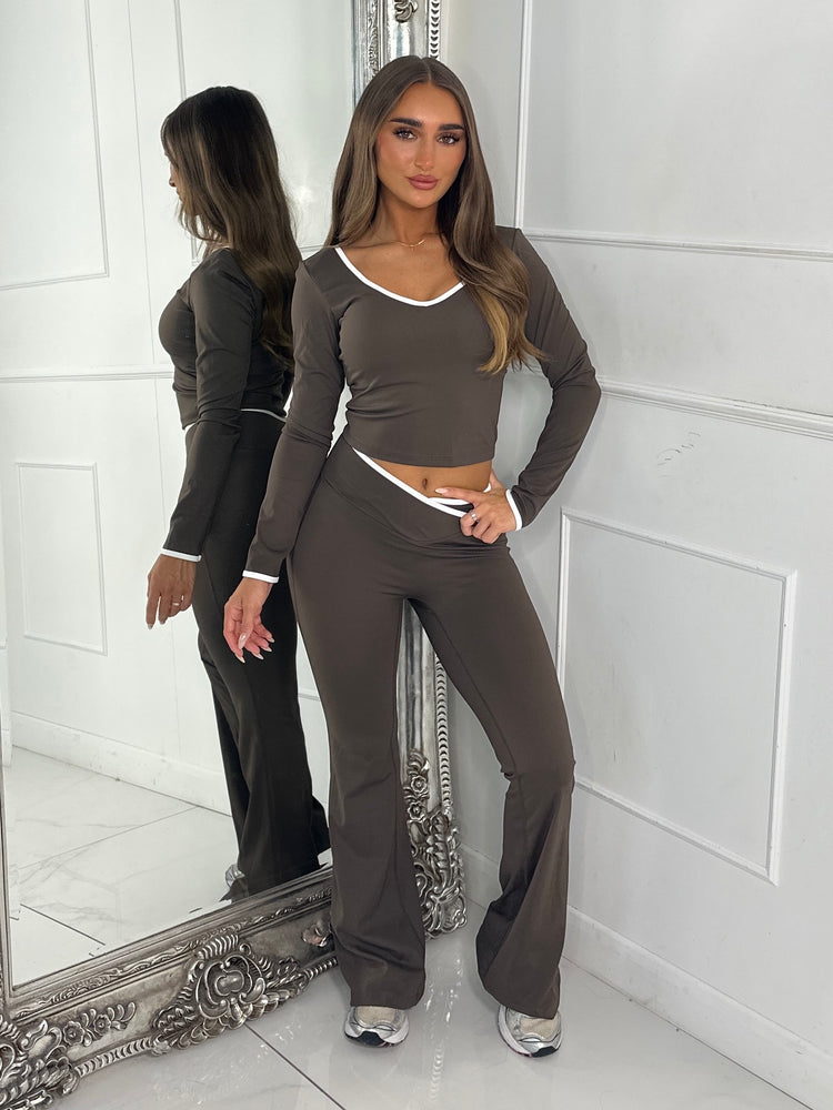 Crossover Ruched Bum Flares & Line Detail Long Sleeved Top - Chocolate