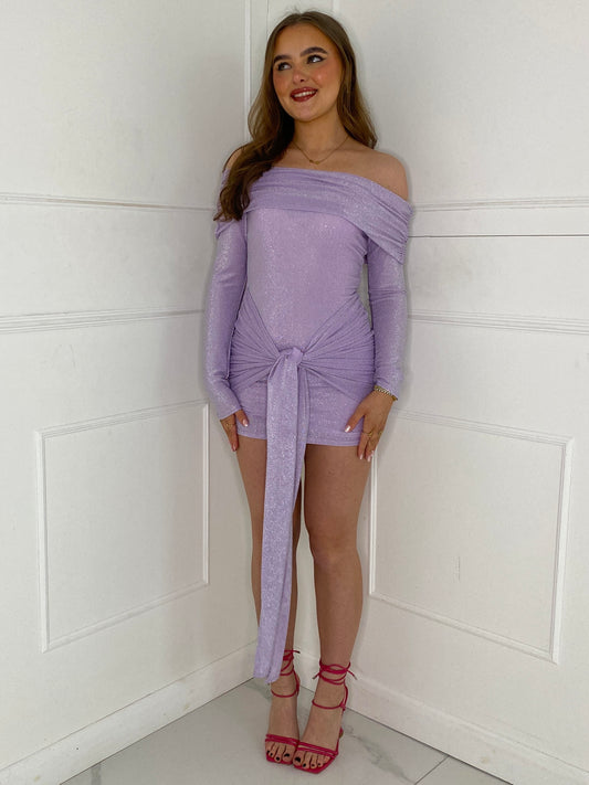 Glitter Off Shoulder Long Sleeve Dress -Lilac