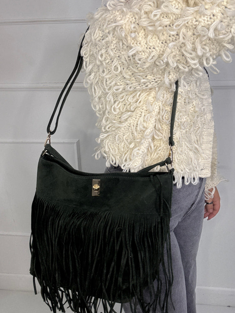 Large Suede Full Tassel Gold Lock Detail Shoulder Bag - Khaki